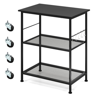 3-Tier Kitchen Serving Cart Utility Standing Microwave Rack with Hooks Brown - Black