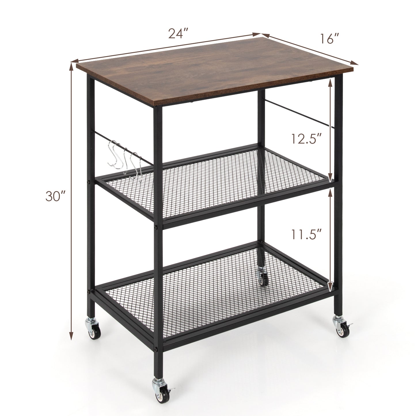 3-Tier Kitchen Utility  Industrial Cart with Storage-Brown