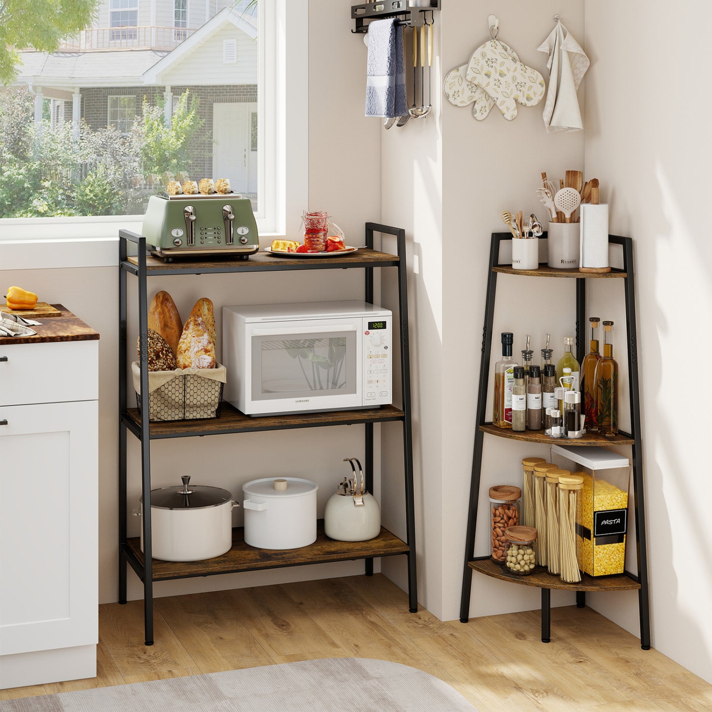 3-Tier Ladder Shelf and Corner Shelf Set with Metal Frame