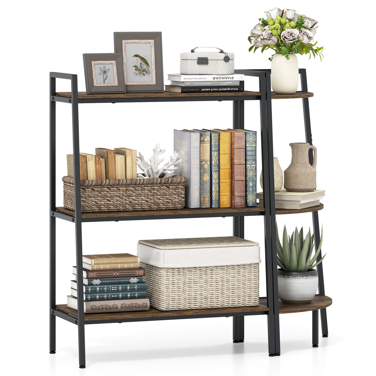 3-Tier Ladder Shelf and Corner Shelf Set with Metal Frame