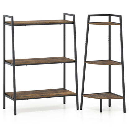 3-Tier Ladder Shelf and Corner Shelf Set with Metal Frame
