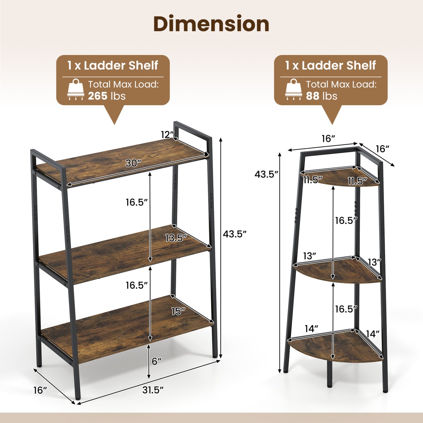 3-Tier Ladder Shelf and Corner Shelf Set with Metal Frame