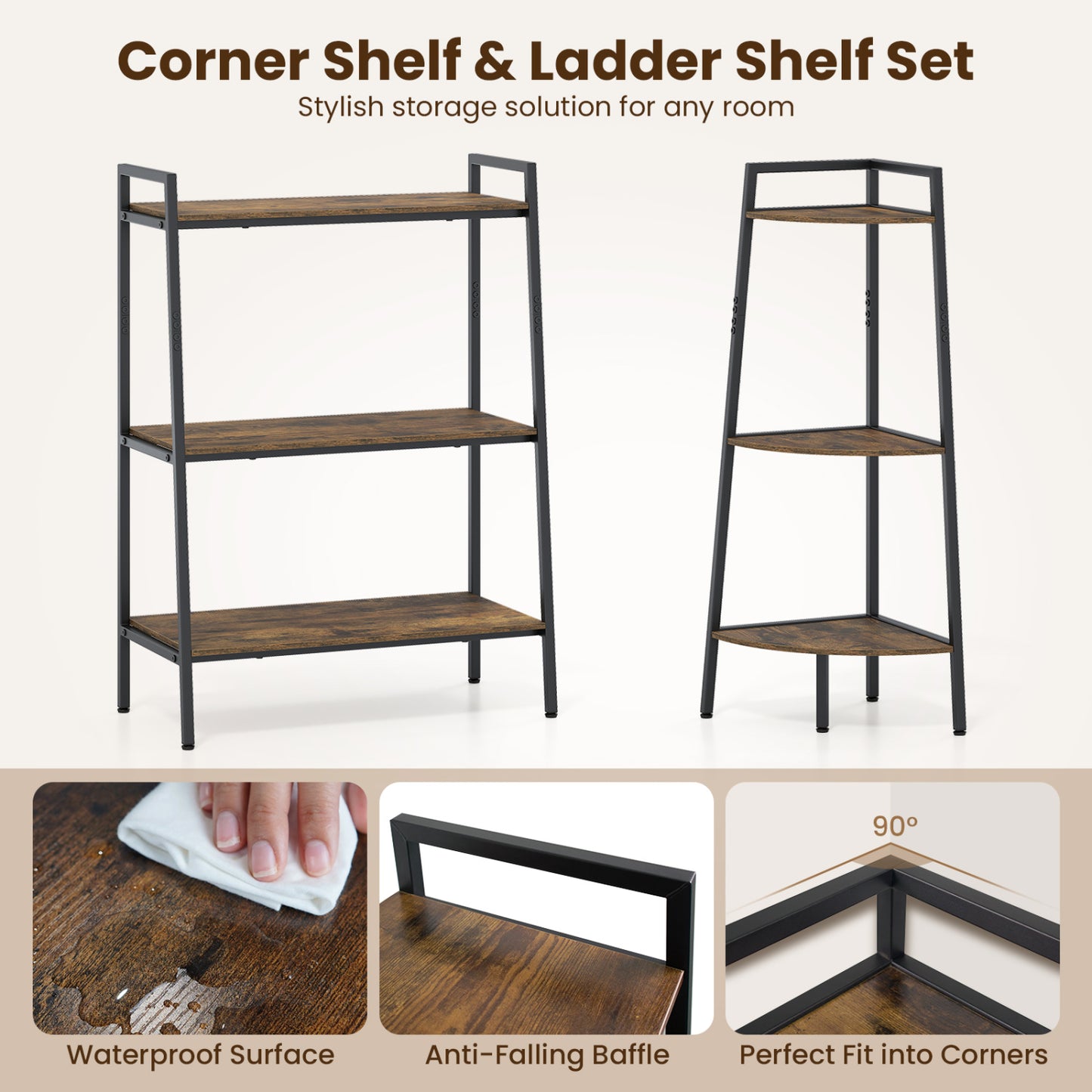 3-Tier Ladder Shelf and Corner Shelf Set with Metal Frame