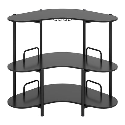 3-Tier Liquor Bar Table with Stemware Racks and Storage Shelves-Black - Black