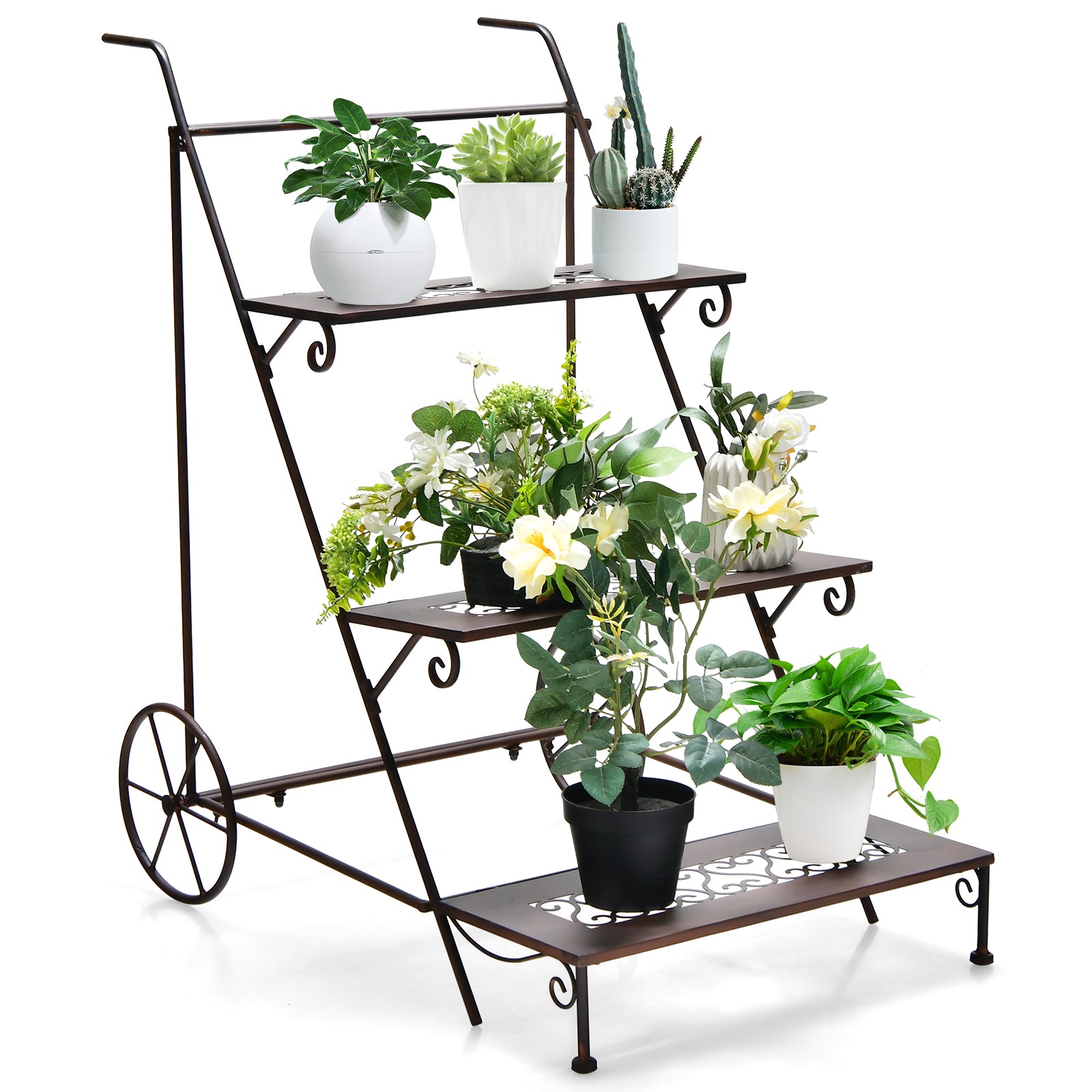 3-Tier Metal Plant Stand with Wheels and Handle for Balcony