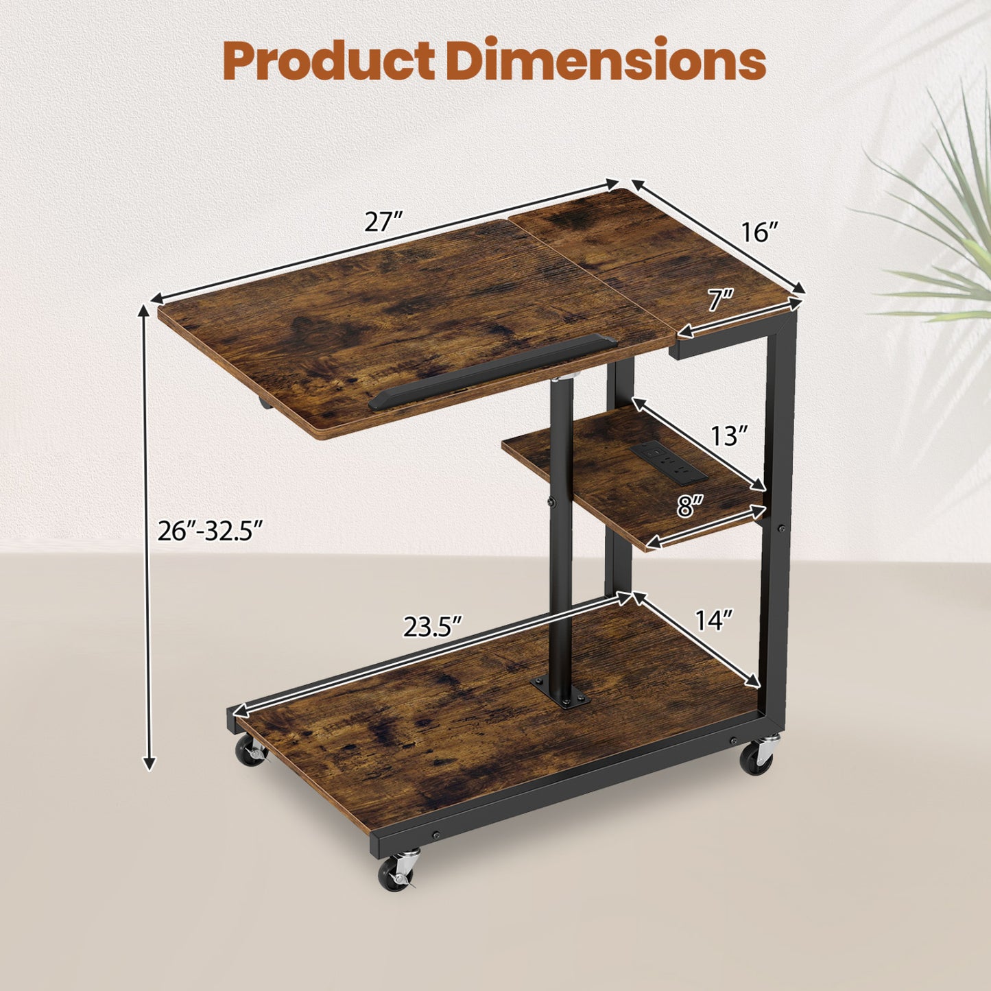 3-Tier Mobile Couch Side Table with Tiltable Tabletop