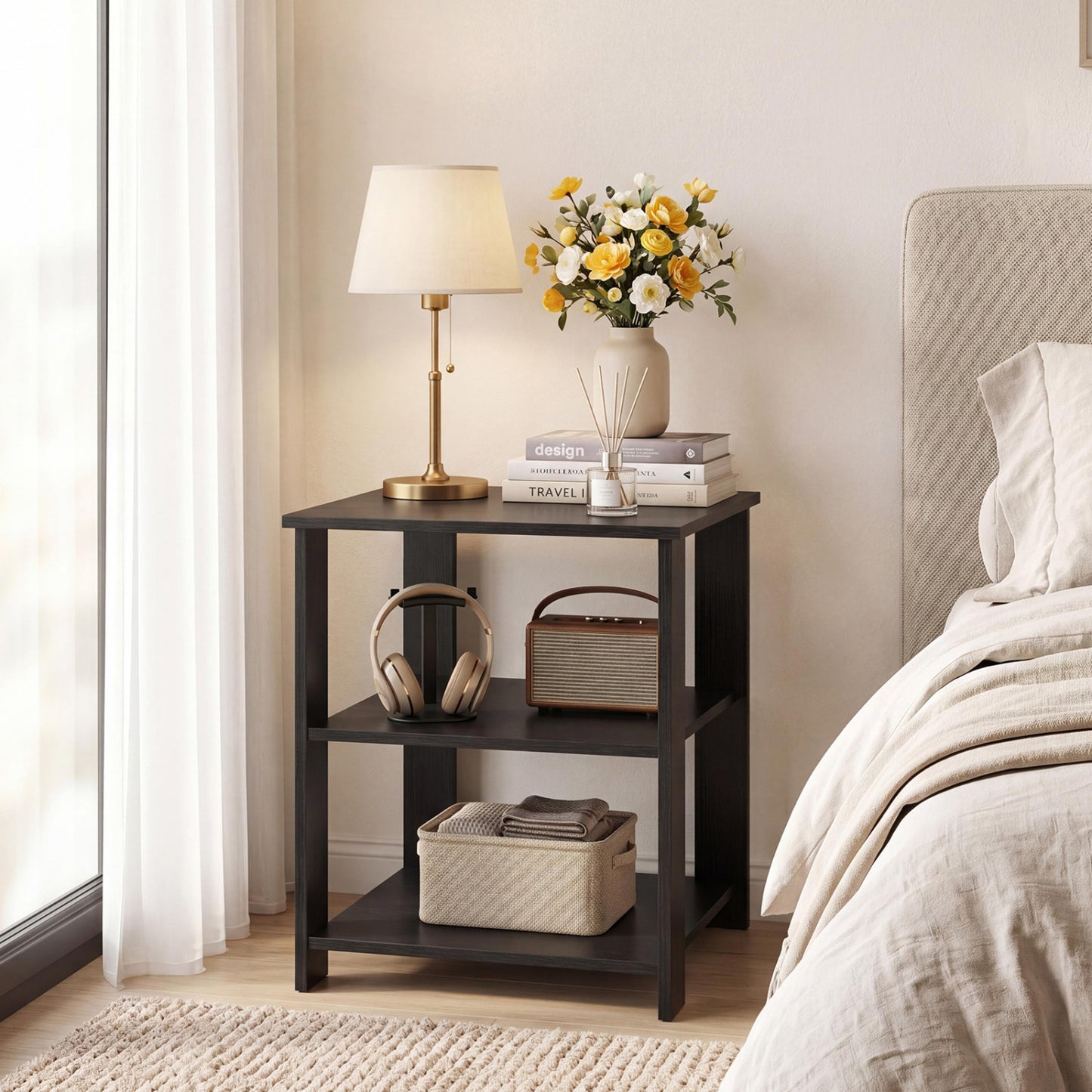 3-Tier Square Side Table with Open Storage Shelves