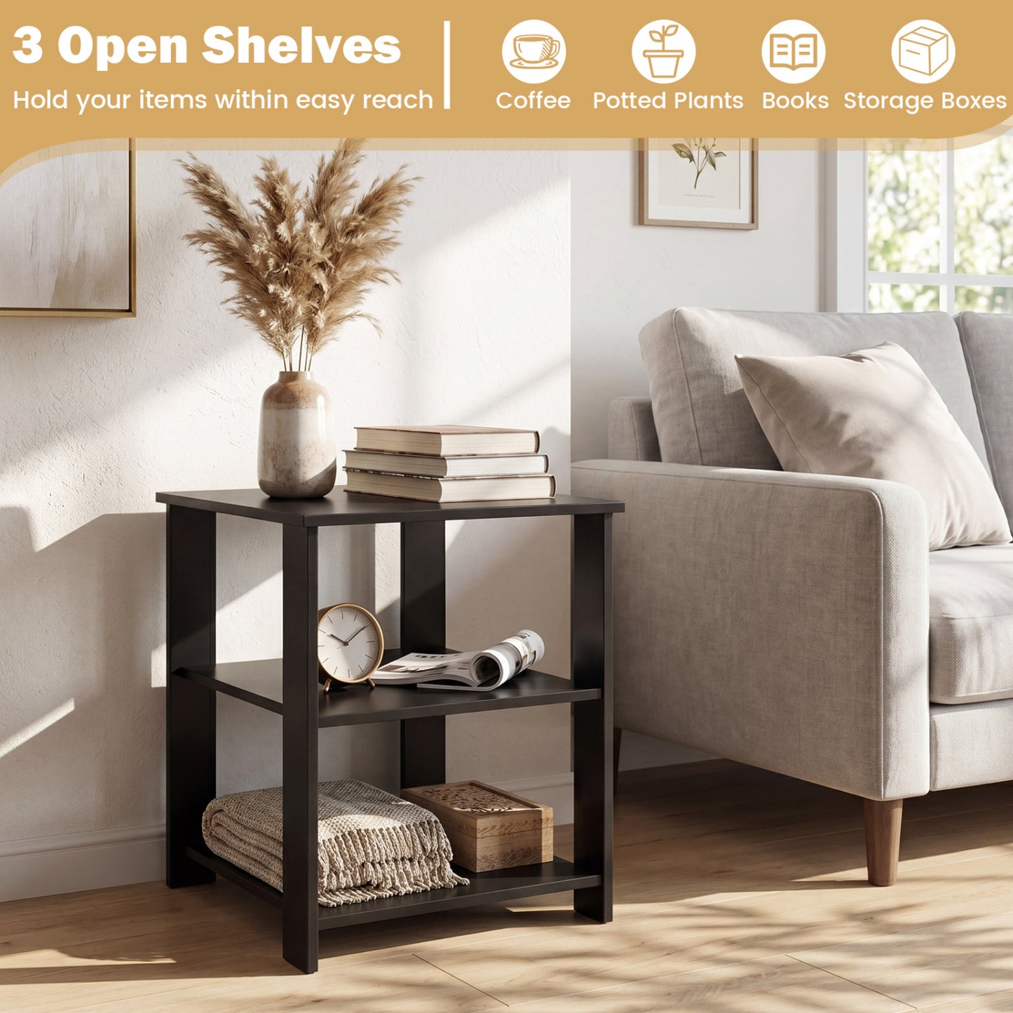 3-Tier Square Side Table with Open Storage Shelves