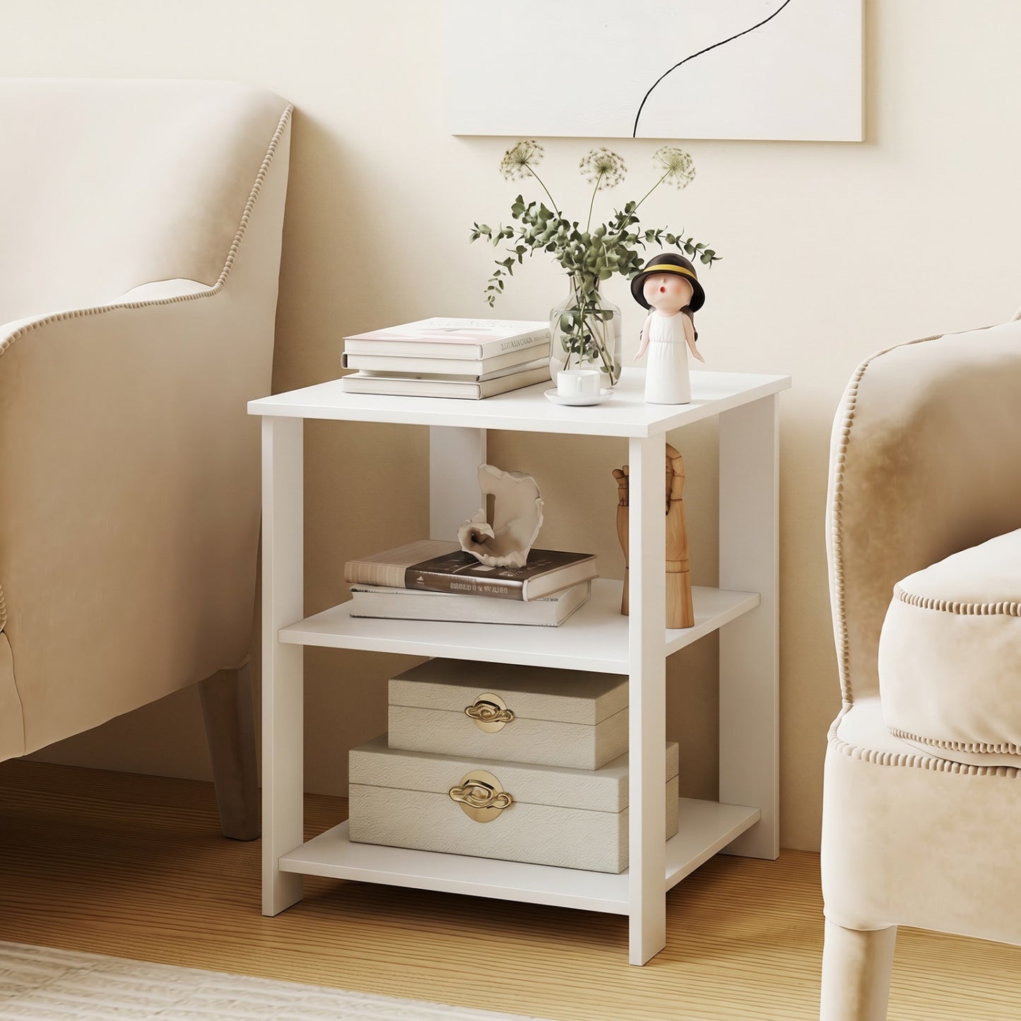 3-Tier Square Side Table with Open Storage Shelves