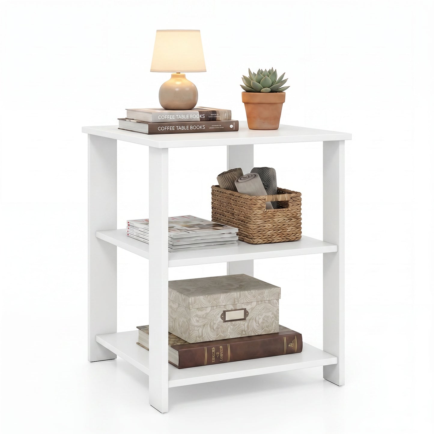 3-Tier Square Side Table with Open Storage Shelves