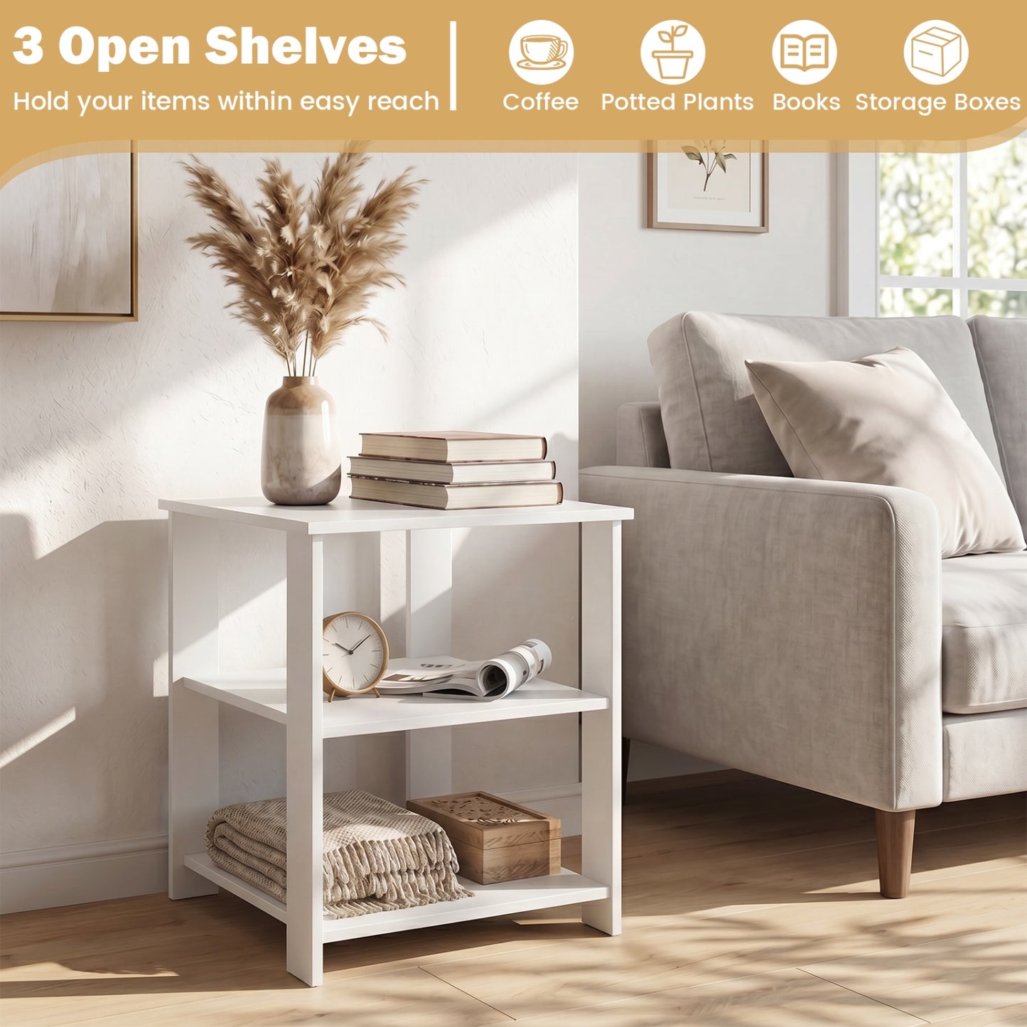 3-Tier Square Side Table with Open Storage Shelves