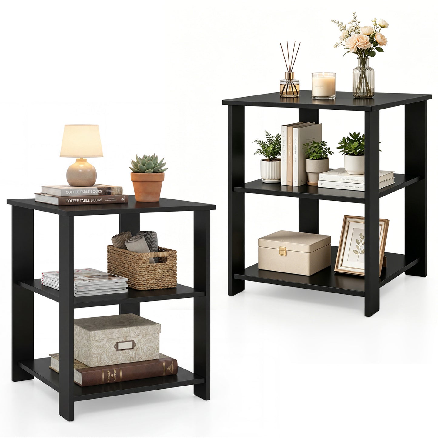 3-Tier Square Side Table with Open Storage Shelves Set of 2