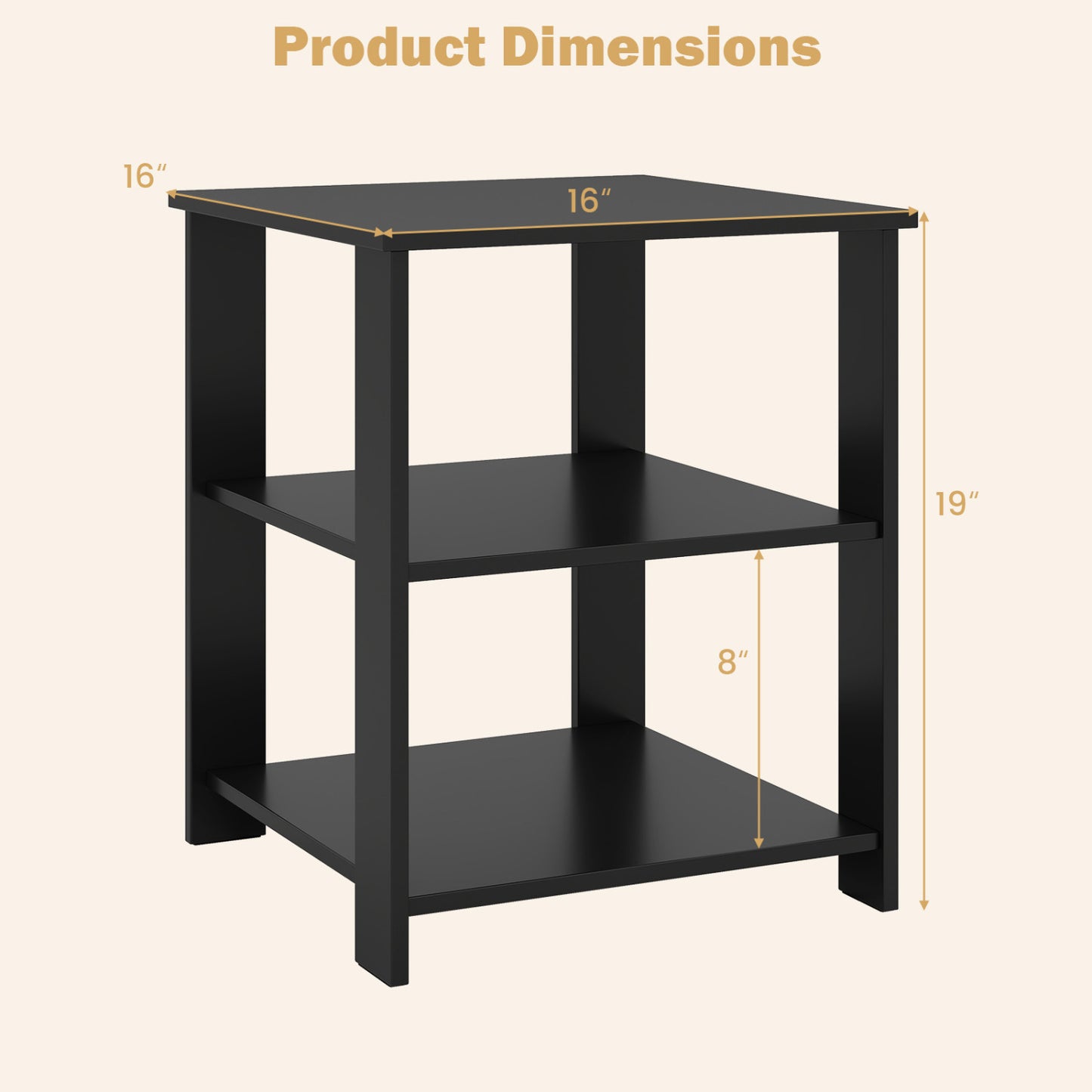 3-Tier Square Side Table with Open Storage Shelves Set of 2