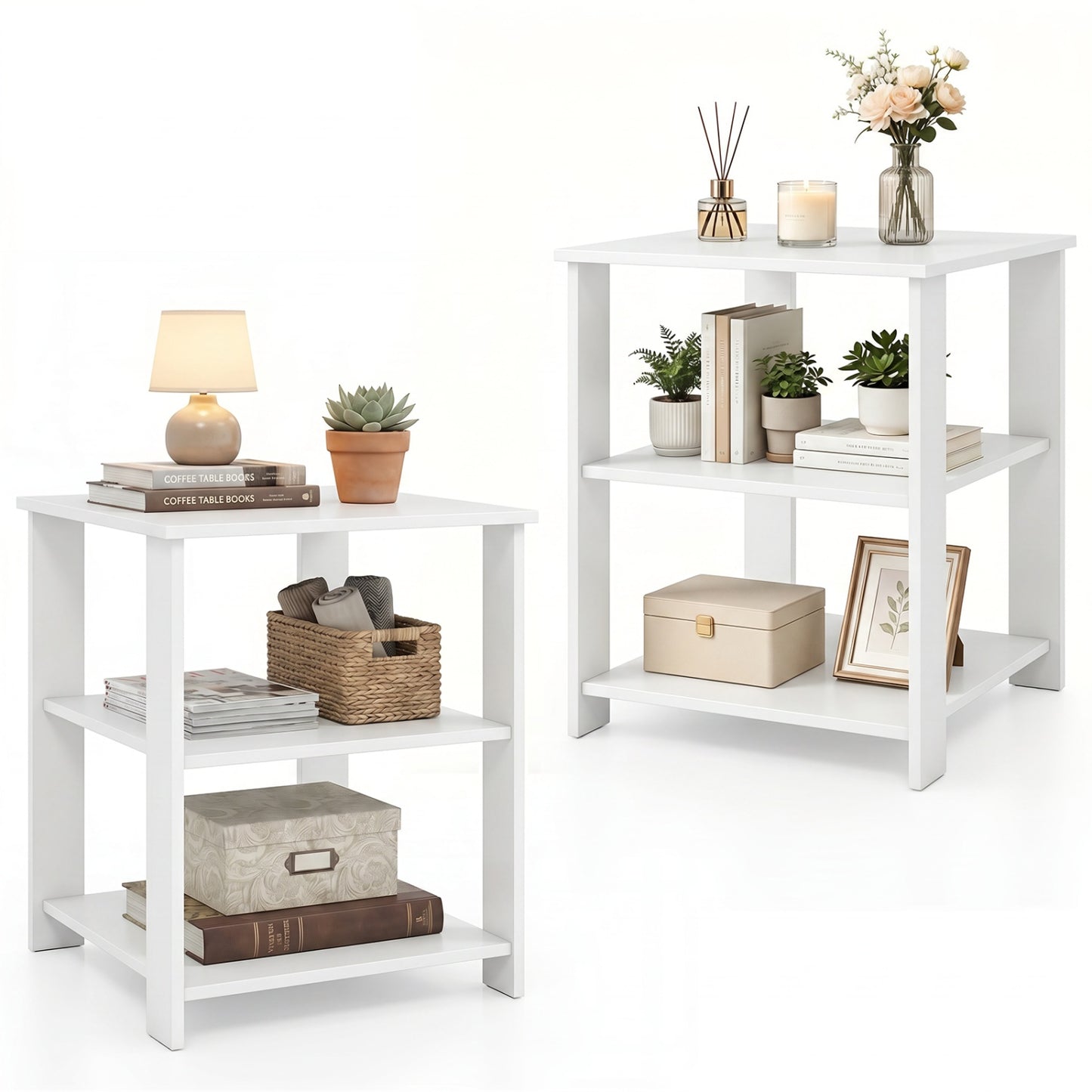 3-Tier Square Side Table with Open Storage Shelves Set of 2