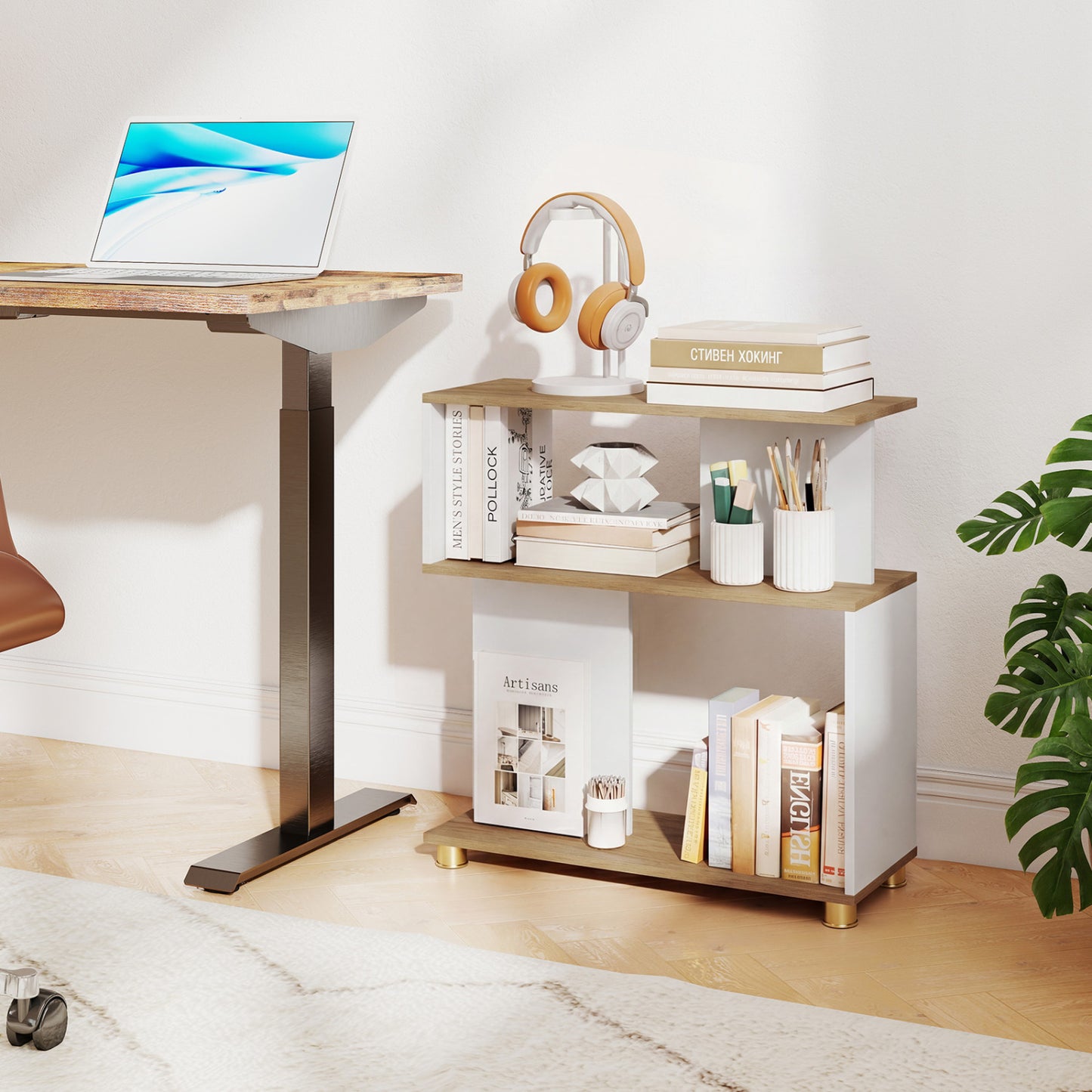3-Tier S-Shaped Bookshelf with Adjustable Feet