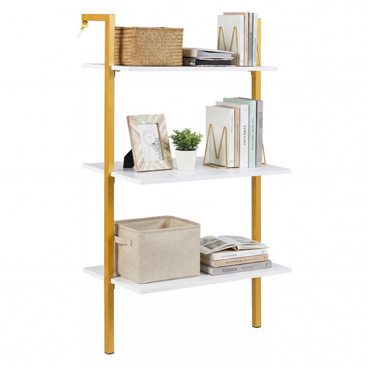3-Tier Modern Wall Mounted Shelves Wooden Floating Shelving Unit Metal Ladder Bookshelf