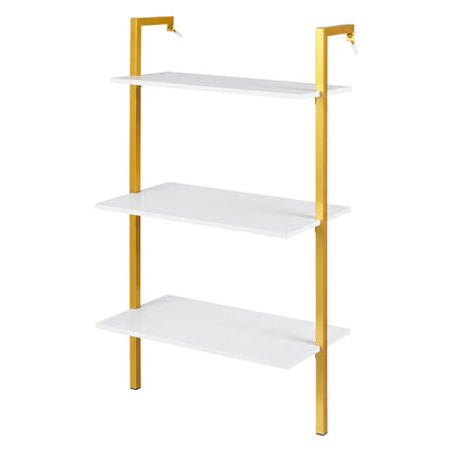 3-Tier Modern Wall Mounted Shelves Wooden Floating Shelving Unit Metal Ladder Bookshelf