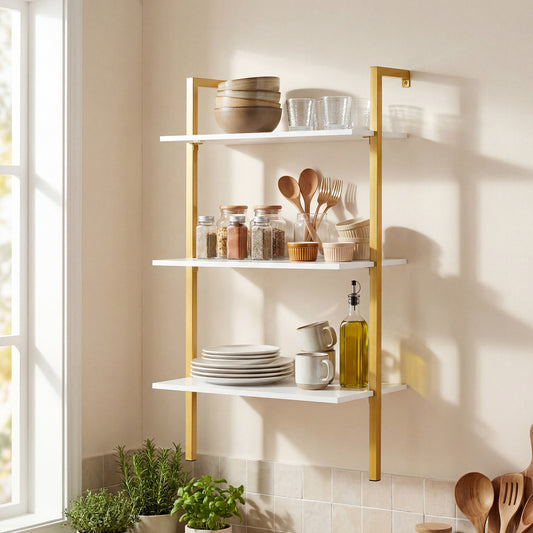 3-Tier Modern Wall Mounted Shelves Wooden Floating Shelving Unit Metal Ladder Bookshelf