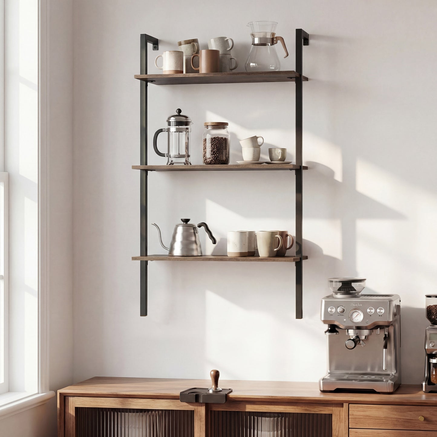 3-Tier Wall Mounted Ladder Bookshelf - Rustic Brown