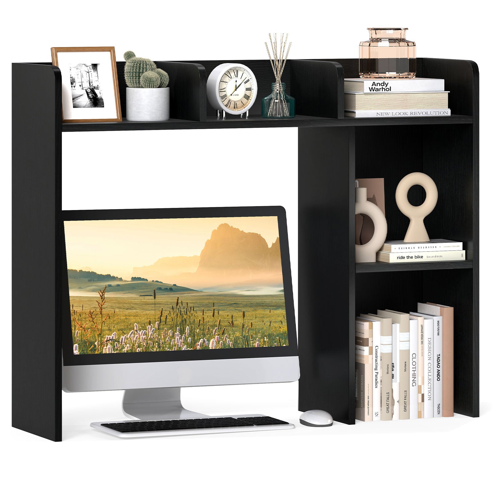 3-Tier Multipurpose Desk Bookshelf with 4 Shelves-Black - Black