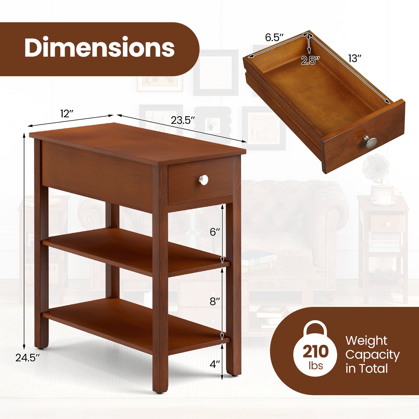 3-Tier Narrow End Table with Drawer and Storage Shelves Set of 2