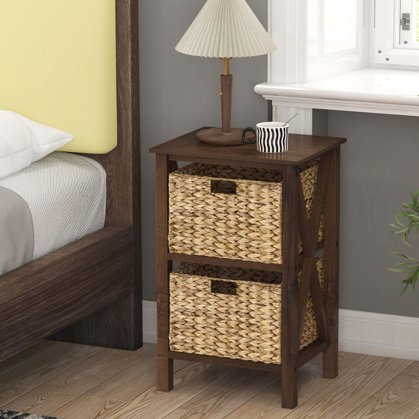 3/4-Tier Nightstand with 2 Seagrass Baskets Narrow X-Design-3-Tier