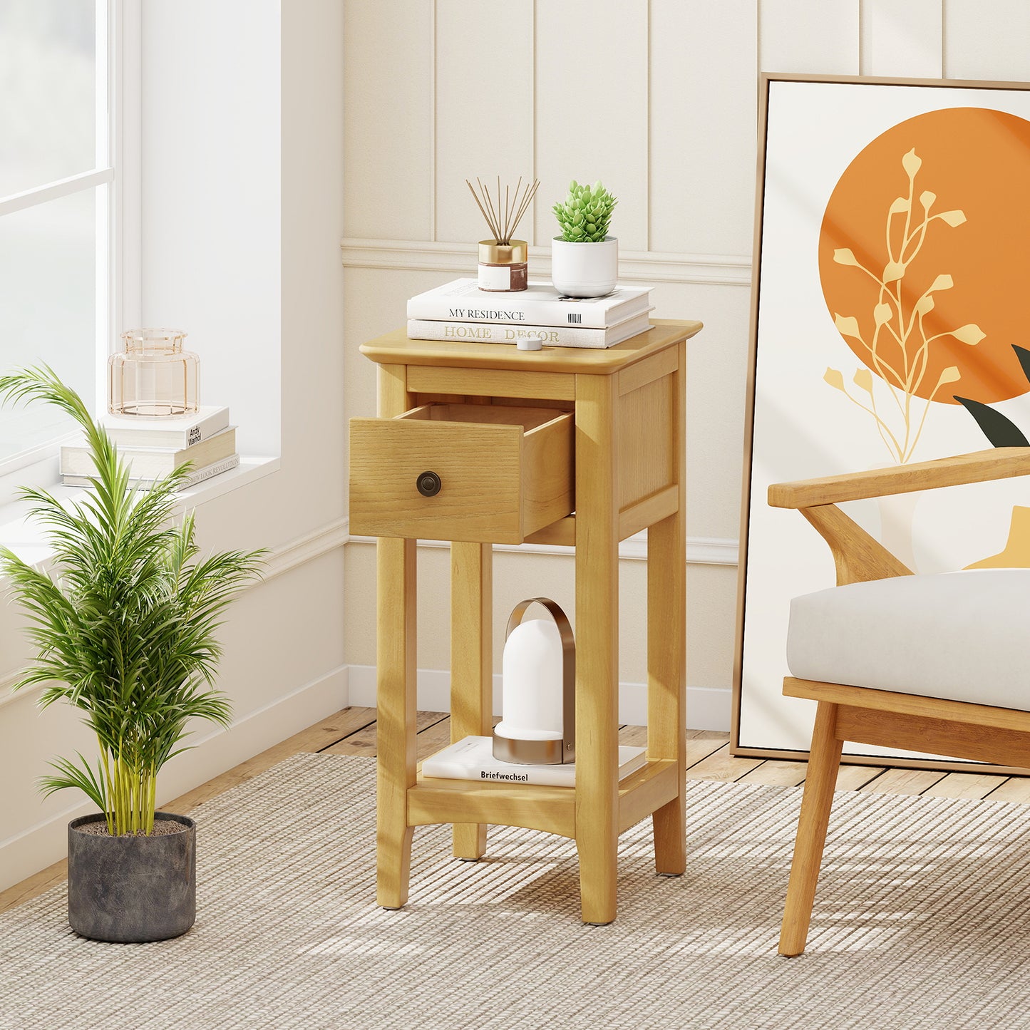 3-Tier Nightstand with Drawer and Open Storage Shelf-Natural