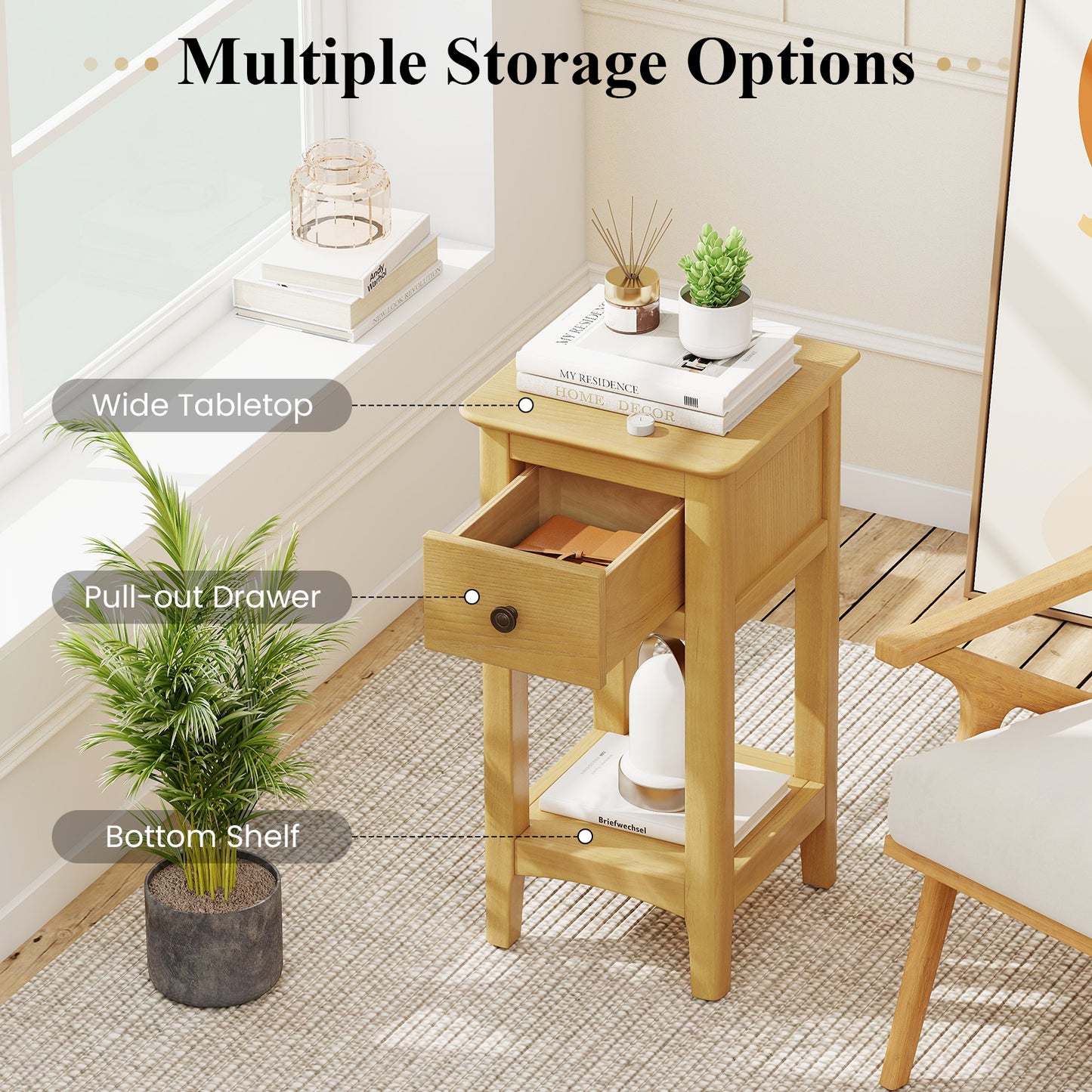 3-Tier Nightstand with Drawer and Open Storage Shelf-Natural