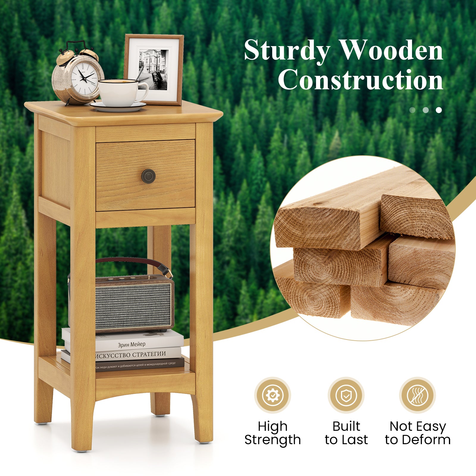 3-Tier Nightstand with Drawer and Open Storage Shelf-Natural