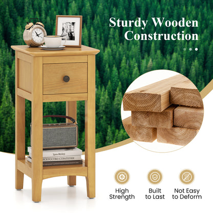 3-Tier Nightstand with Drawer and Open Storage Shelf-Natural