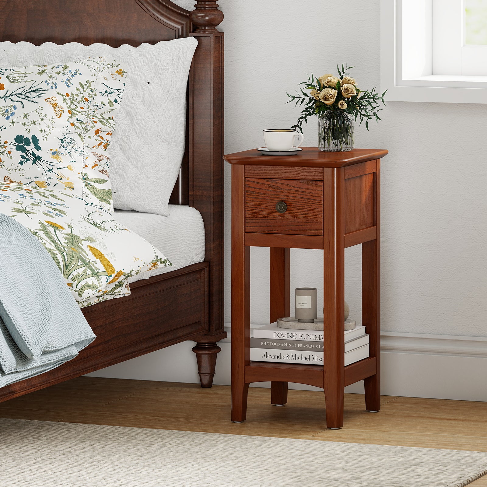 3-Tier Nightstand with Drawer and Open Storage Shelf-Walnut