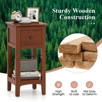 3-Tier Nightstand with Drawer and Open Storage Shelf-Walnut