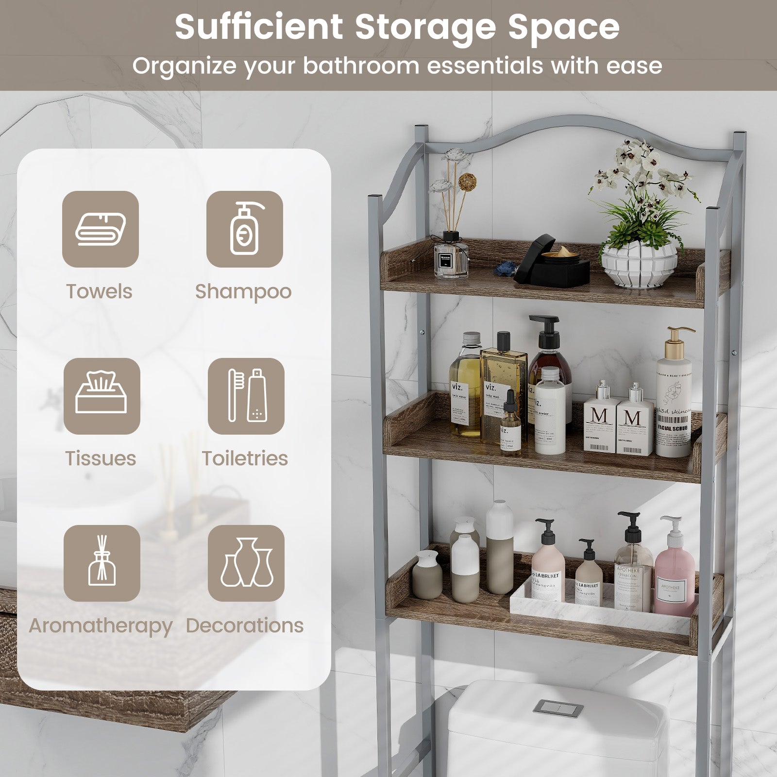 3-Tier Over-The-Toilet Bathroom Spacesaver Storage Rack-Silver