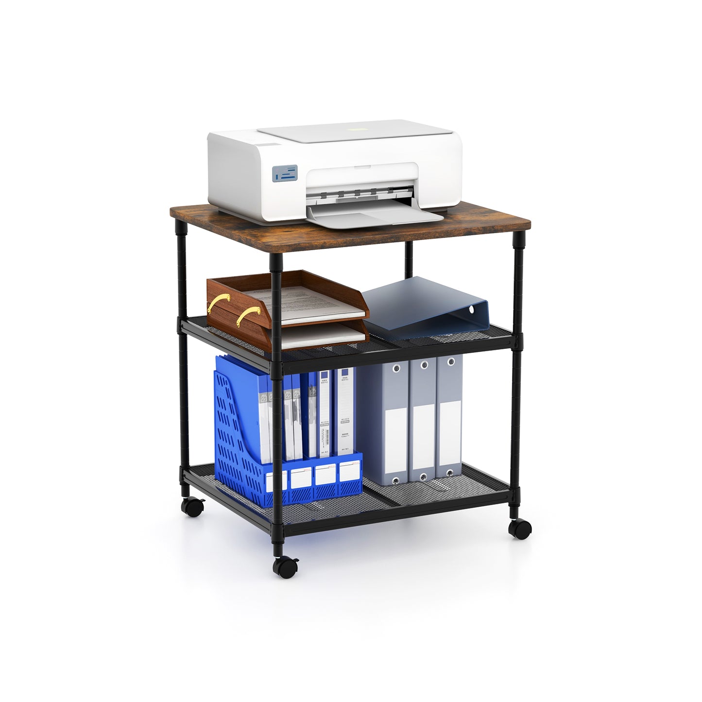 3 Tier Printer Stand Rolling Fax Cart with Adjustable Shelf and Swivel Wheels-Coffee