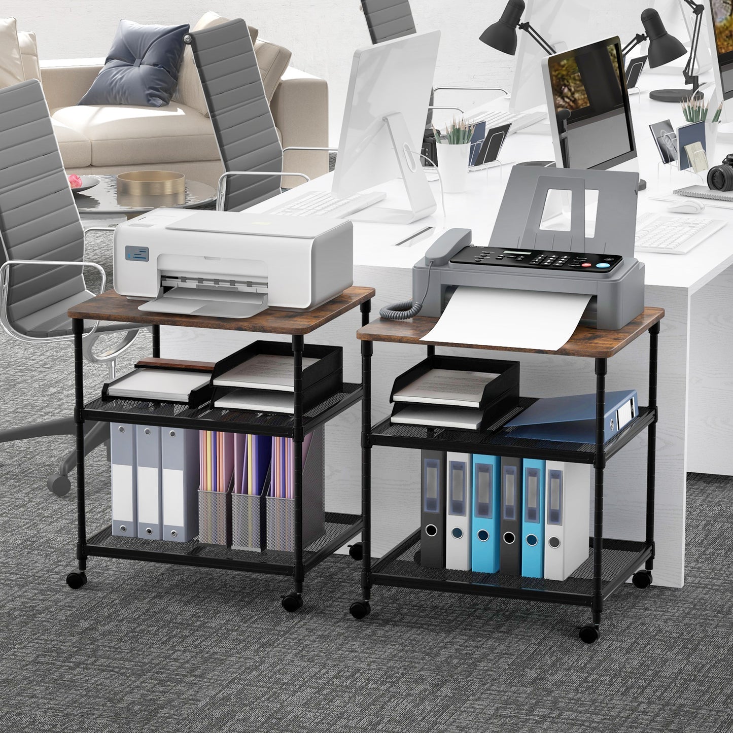 3 Tier Printer Stand Rolling Fax Cart with Adjustable Shelf and Swivel Wheels-Coffee