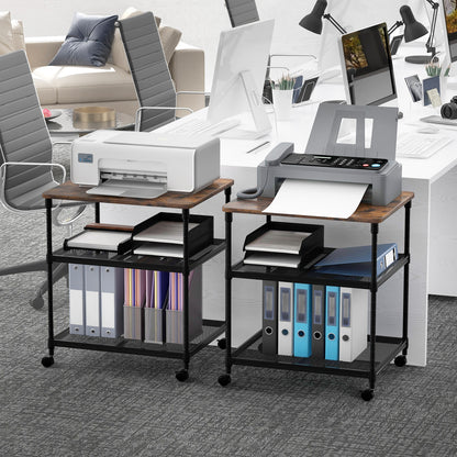 3 Tier Printer Stand Rolling Fax Cart with Adjustable Shelf and Swivel Wheels-Coffee