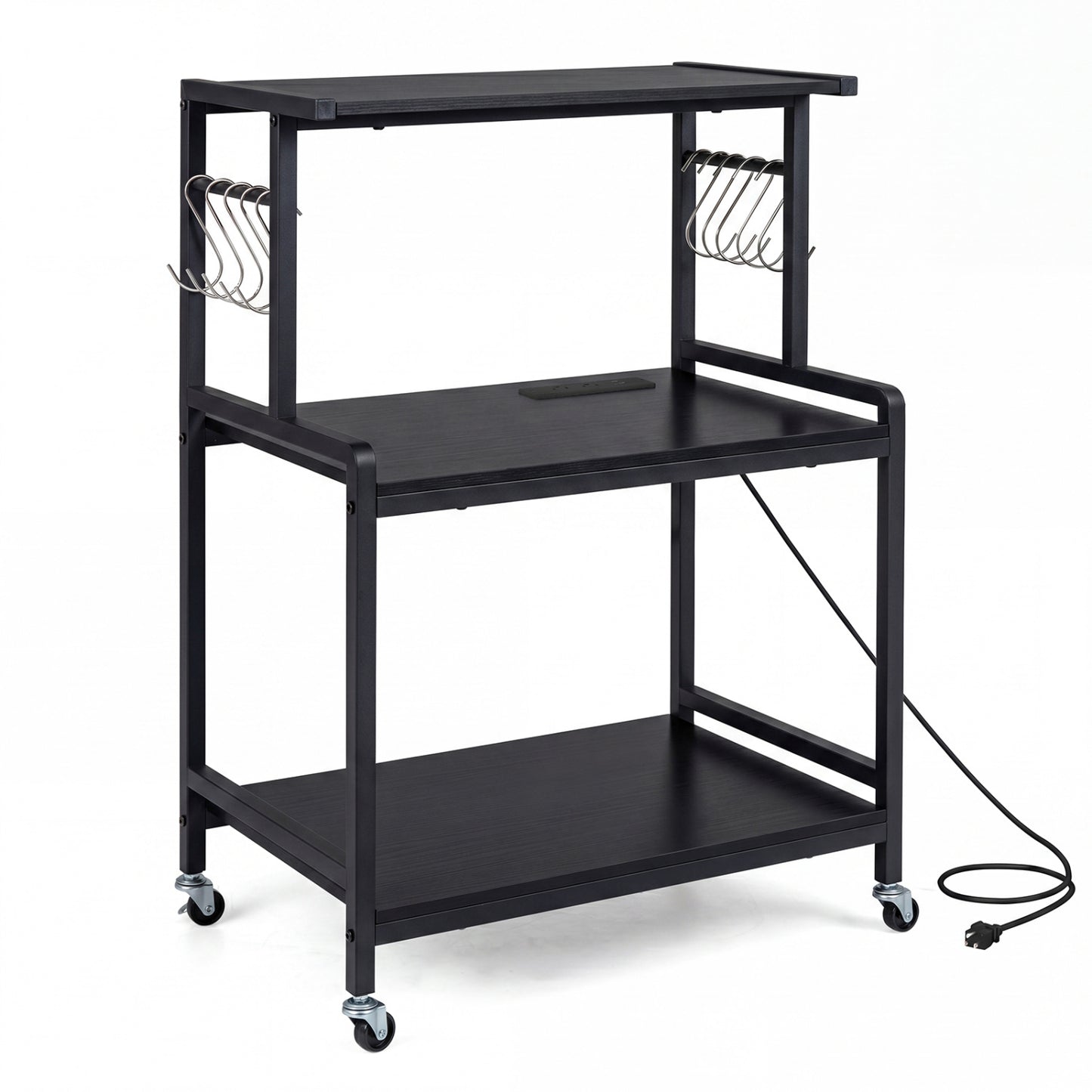 3-Tier Rolling Microwave Cart with Power Outlet and Hooks