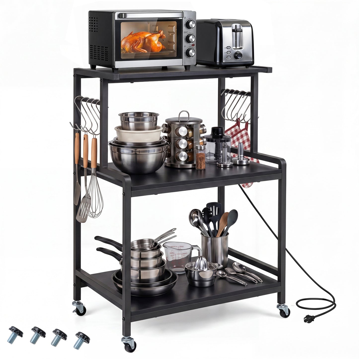 3-Tier Rolling Microwave Cart with Power Outlet and Hooks