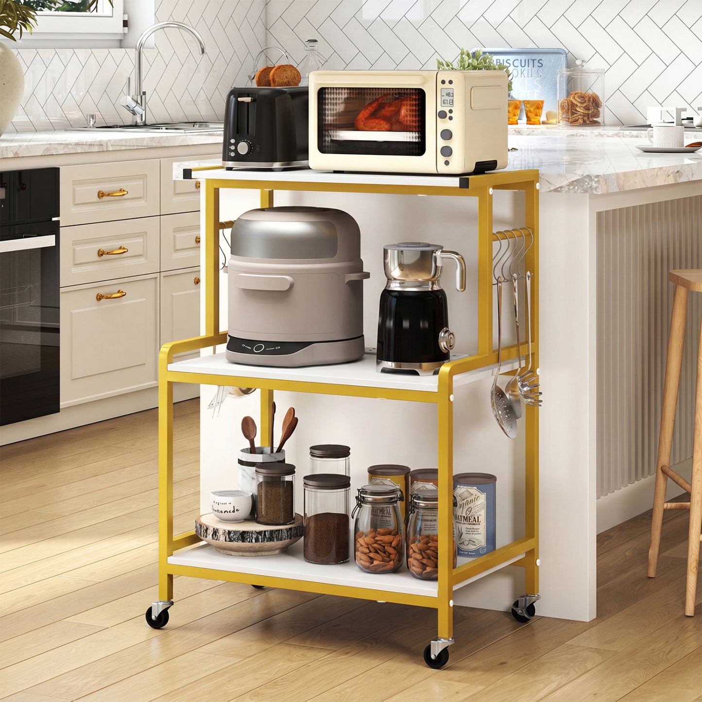 3-Tier Rolling Microwave Cart with Power Outlet and Hooks