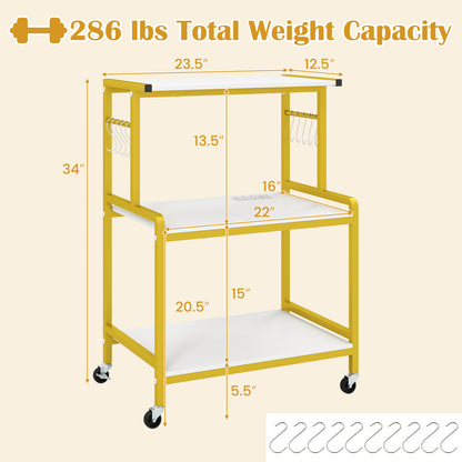 3-Tier Rolling Microwave Cart with Power Outlet and Hooks
