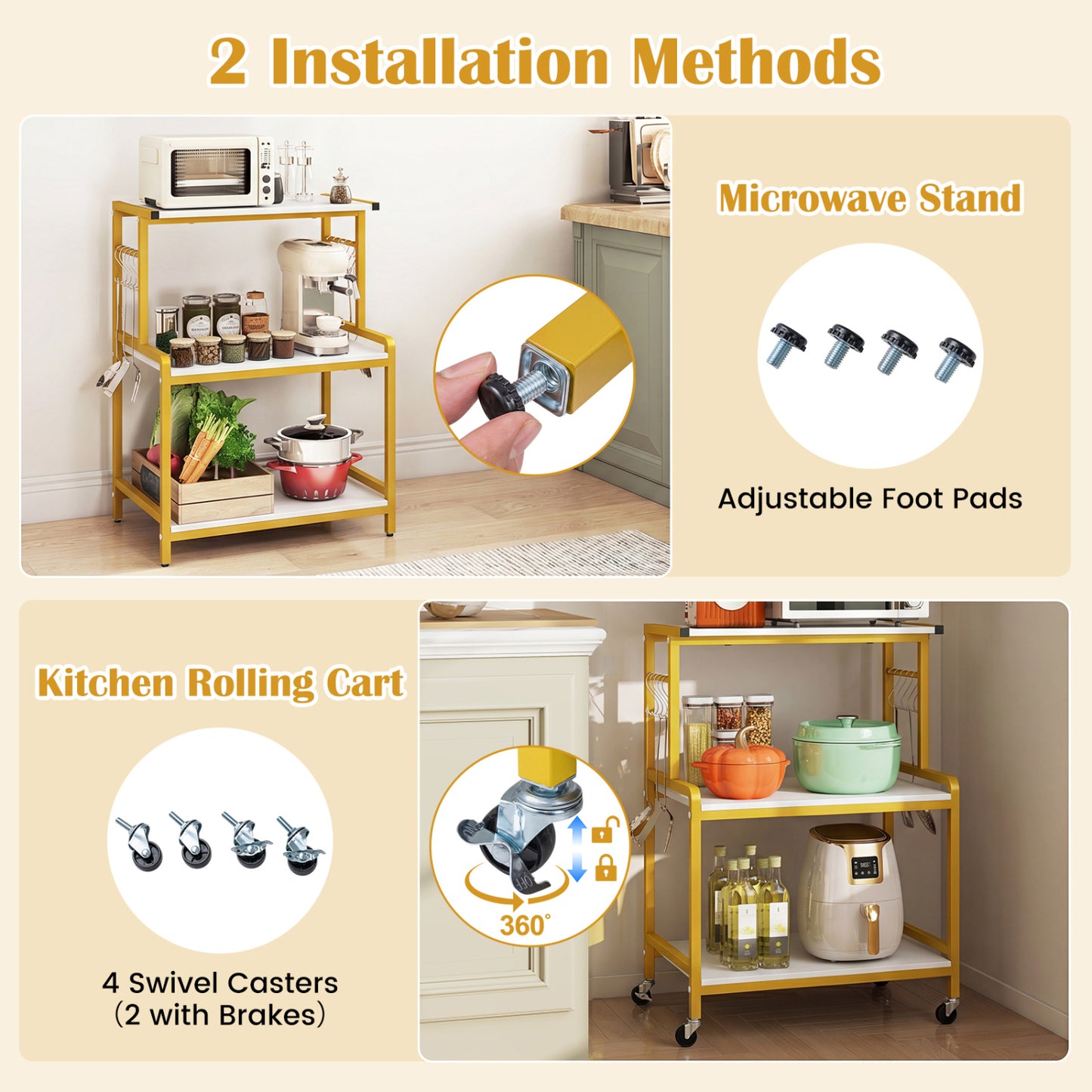 3-Tier Rolling Microwave Cart with Power Outlet and Hooks