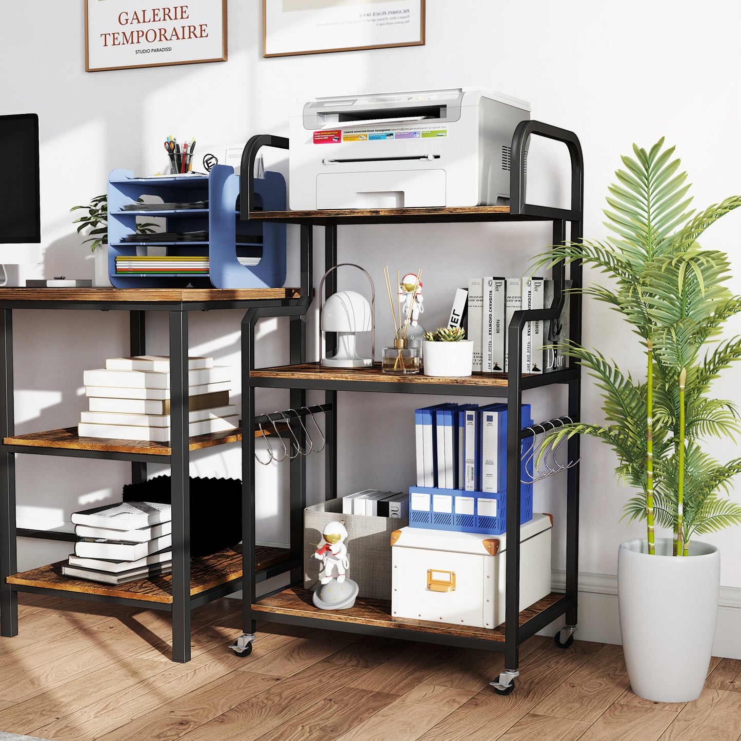 3-Tier Rolling Printer Stand Home Office Large Printer Cart with Storage Shelves-Rustic Brown