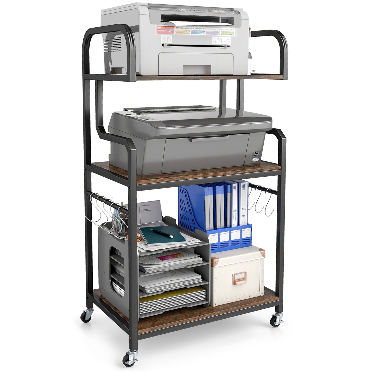 3-Tier Rolling Printer Stand Home Office Large Printer Cart with Storage Shelves-Rustic Brown