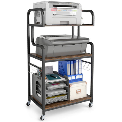 3-Tier Rolling Printer Stand Home Office Large Printer Cart with Storage Shelves-Rustic Brown