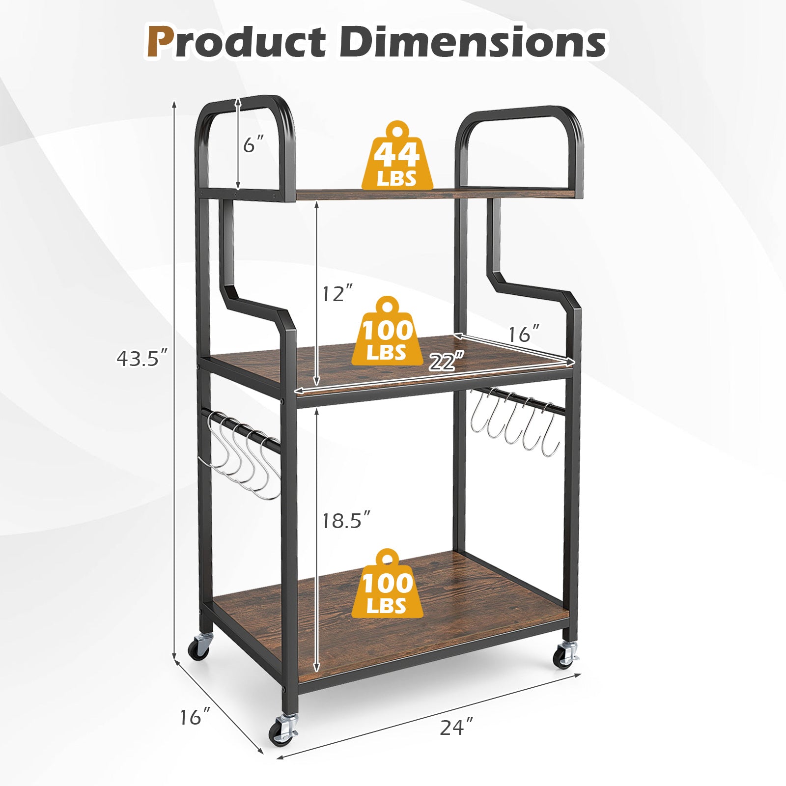 3-Tier Rolling Printer Stand Home Office Large Printer Cart with Storage Shelves-Rustic Brown
