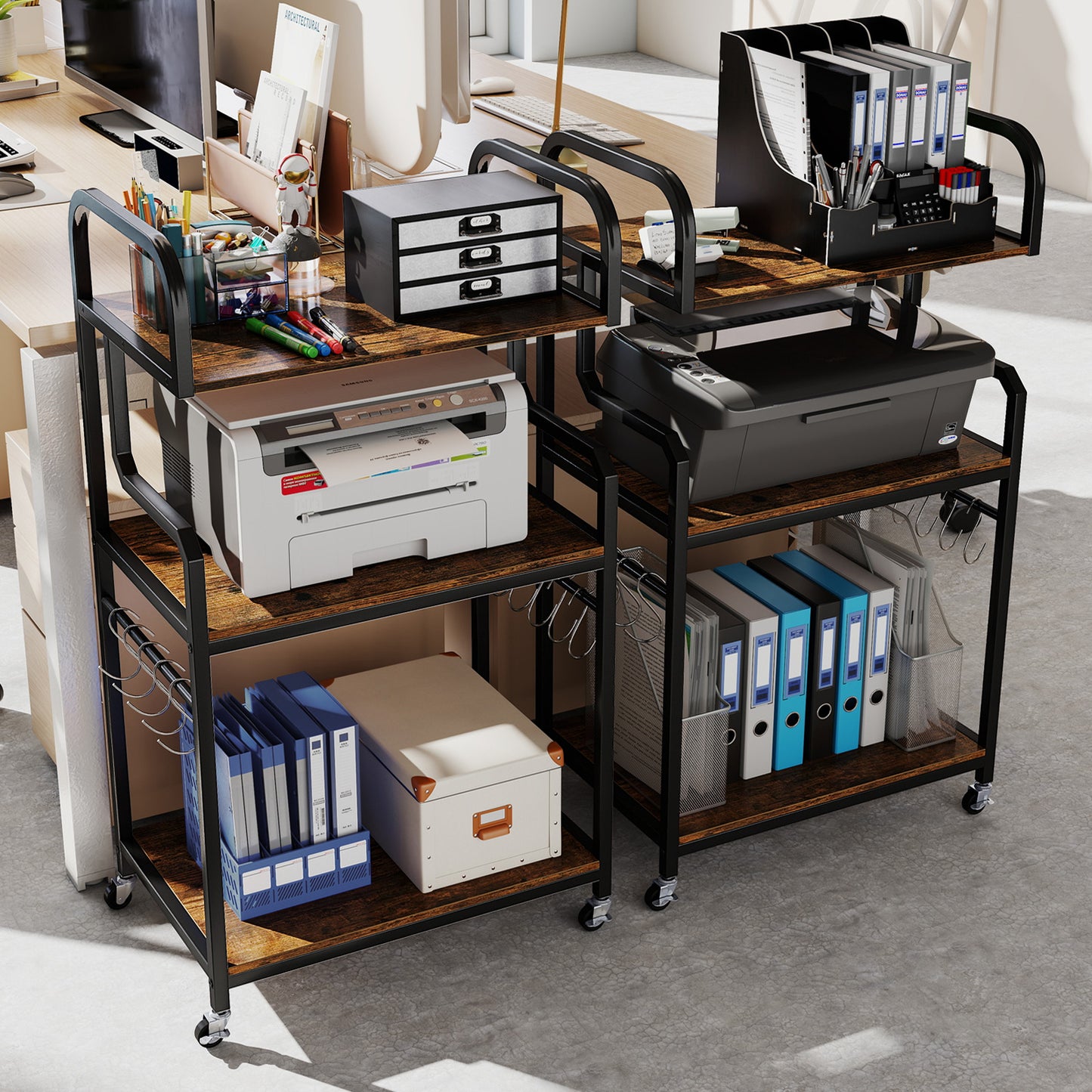 3-Tier Rolling Printer Stand Home Office Large Printer Cart with Storage Shelves-Rustic Brown