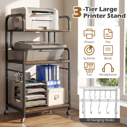 3-Tier Rolling Printer Stand Home Office Large Printer Cart with Storage Shelves-Rustic Brown