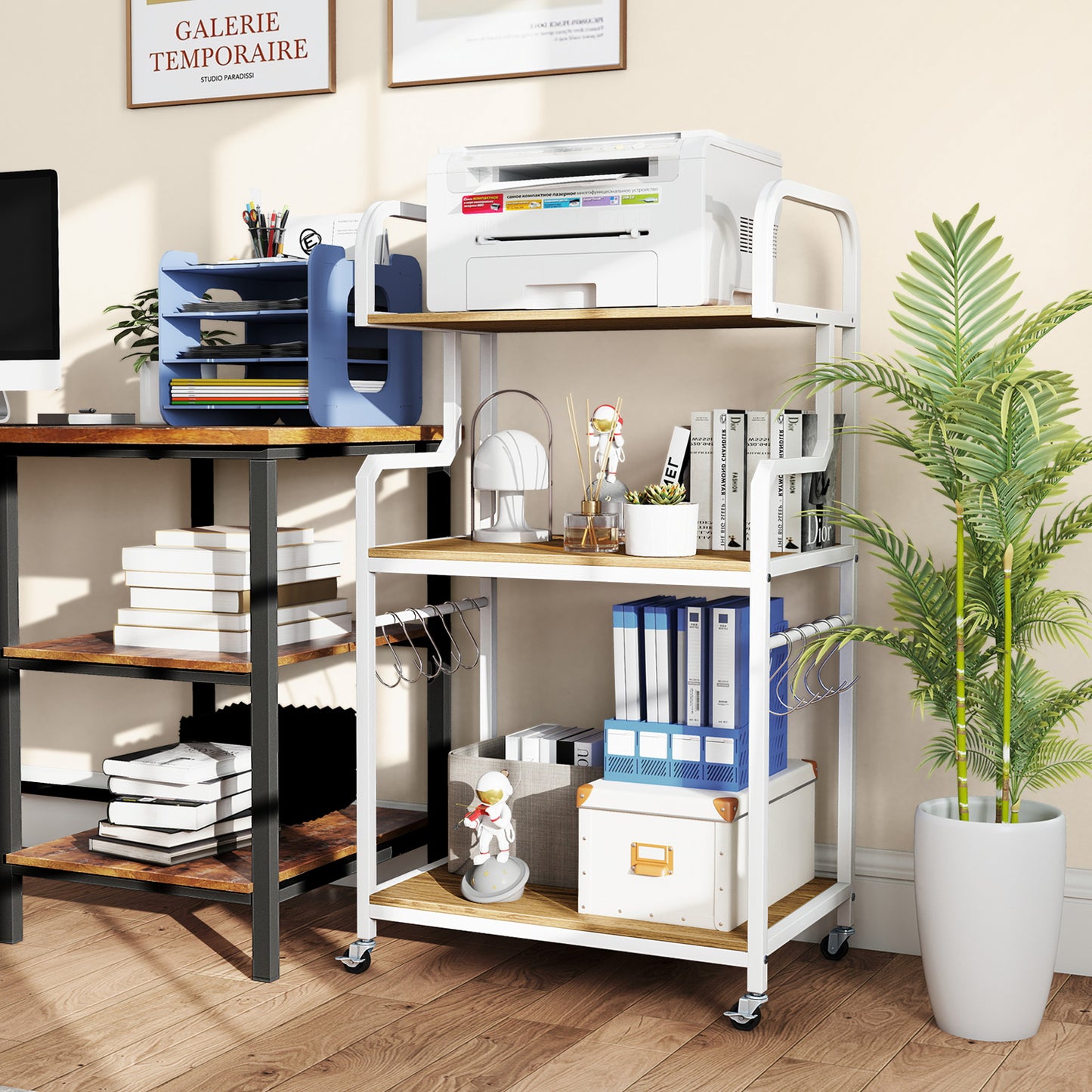 3-Tier Rolling Printer Stand Home Office Large Printer Cart with Storage Shelves-Natural
