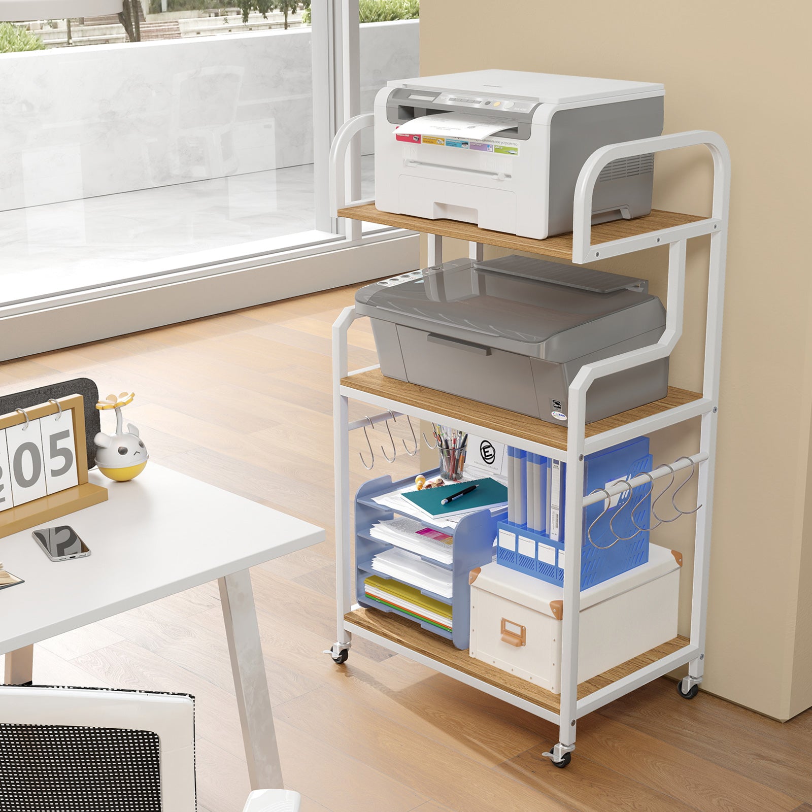 3-Tier Rolling Printer Stand Home Office Large Printer Cart with Storage Shelves-Natural