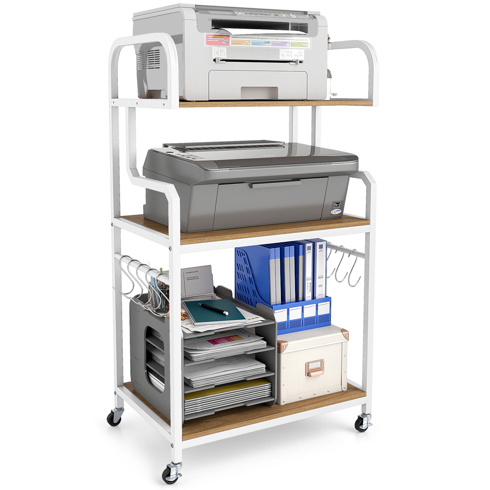3-Tier Rolling Printer Stand Home Office Large Printer Cart with Storage Shelves-Natural